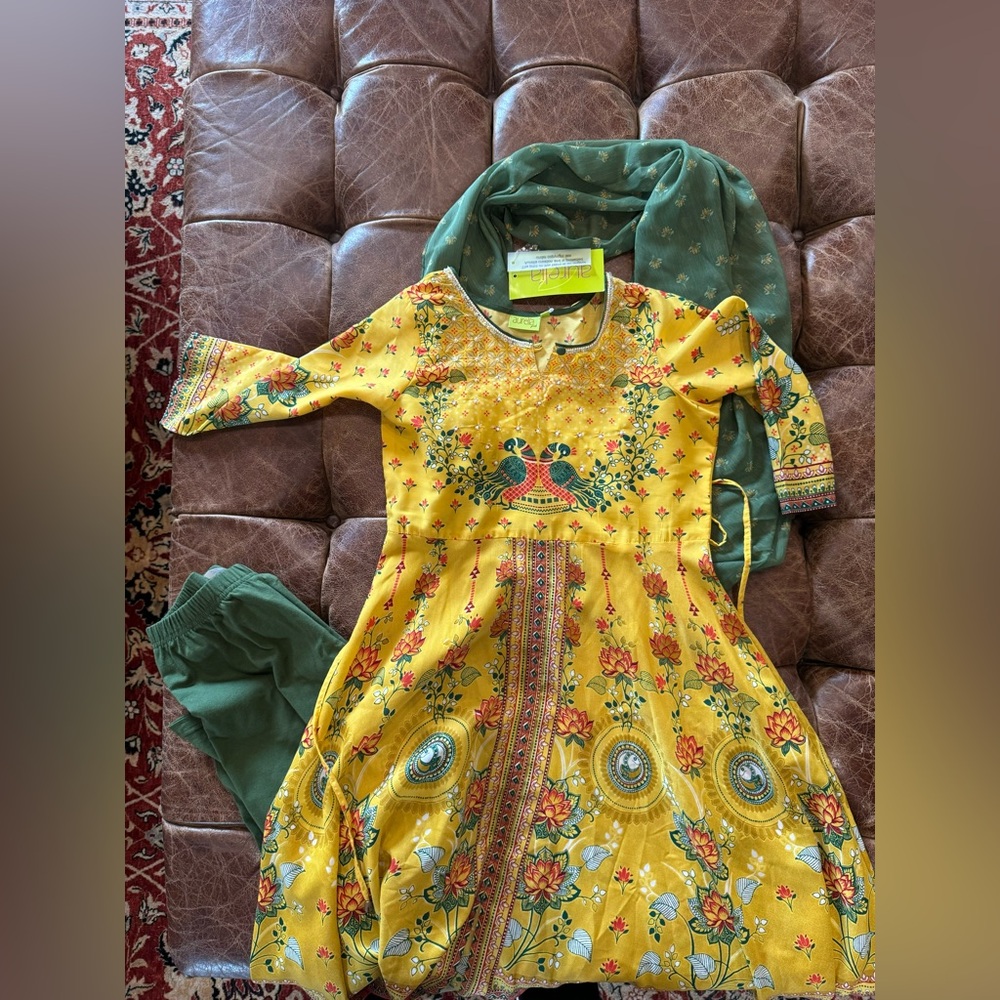 Yellow, Green, and Red Indian Dress